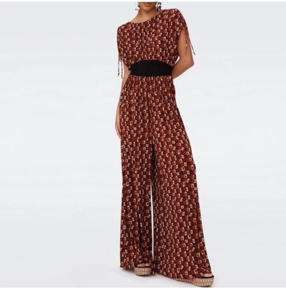 Womens Diane Von Furstenberg Andra Mesh Jumpsuit Brown Patterned Size M EUC